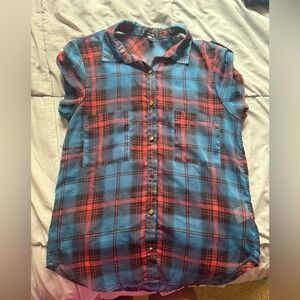Vintage-inspired Blue and Red Plaid Button-Down Shirt - Lightweight & Soft